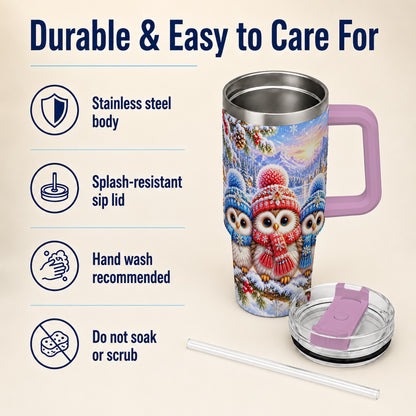 #pl[40oz|Pink] Winter Owl Trio 40oz Tumbler with Handle, Snowy Stainless Steel Travel Cup