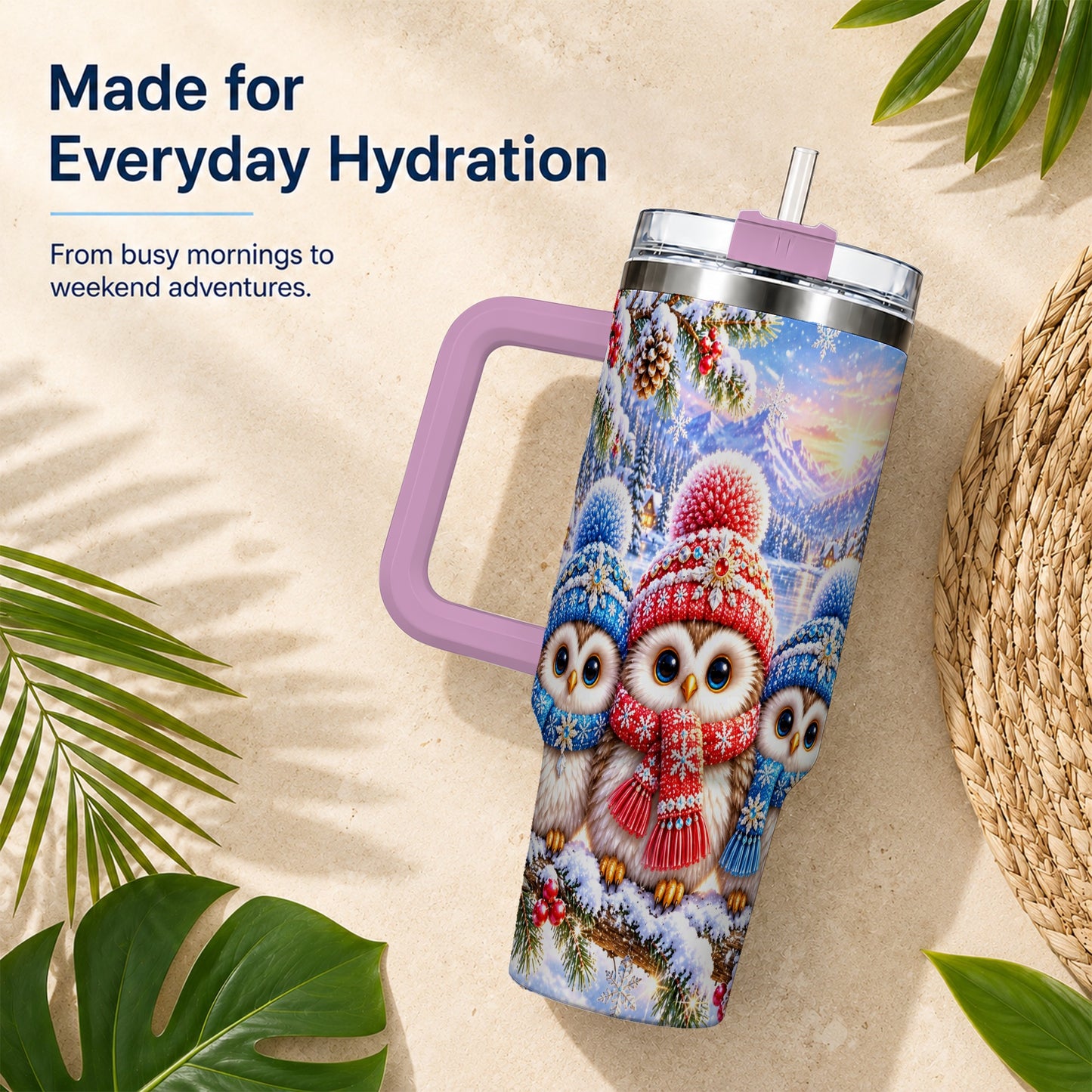 #pl[40oz|Pink] Winter Owl Trio 40oz Tumbler with Handle, Snowy Stainless Steel Travel Cup