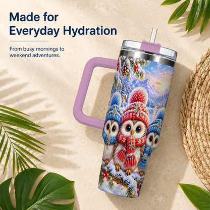 #pl[40oz|Pink] Winter Owl Trio 40oz Tumbler with Handle, Snowy Stainless Steel Travel Cup