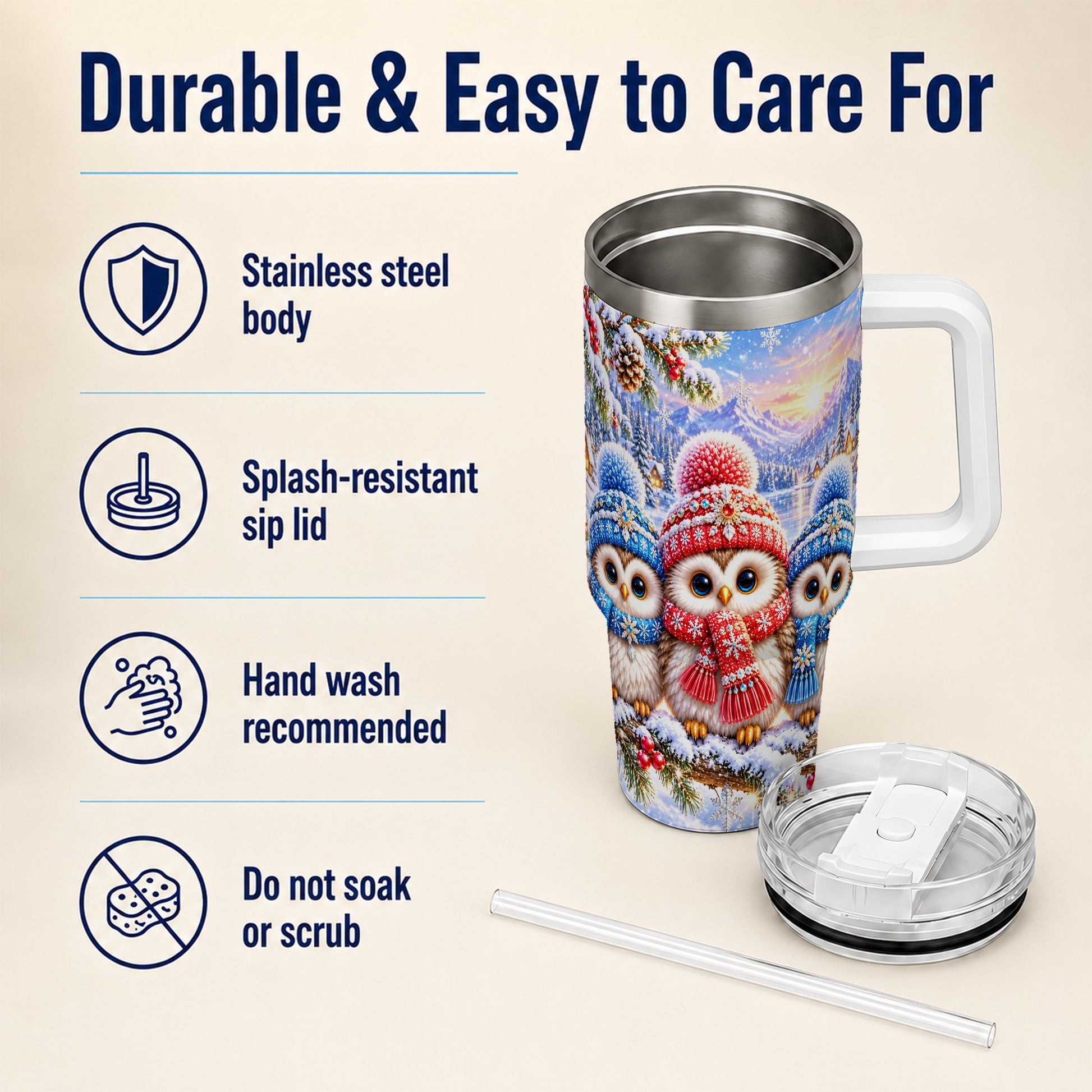 #pl[40oz|White] Winter Owl Trio 40oz Tumbler with Handle, Snowy Stainless Steel Travel Cup