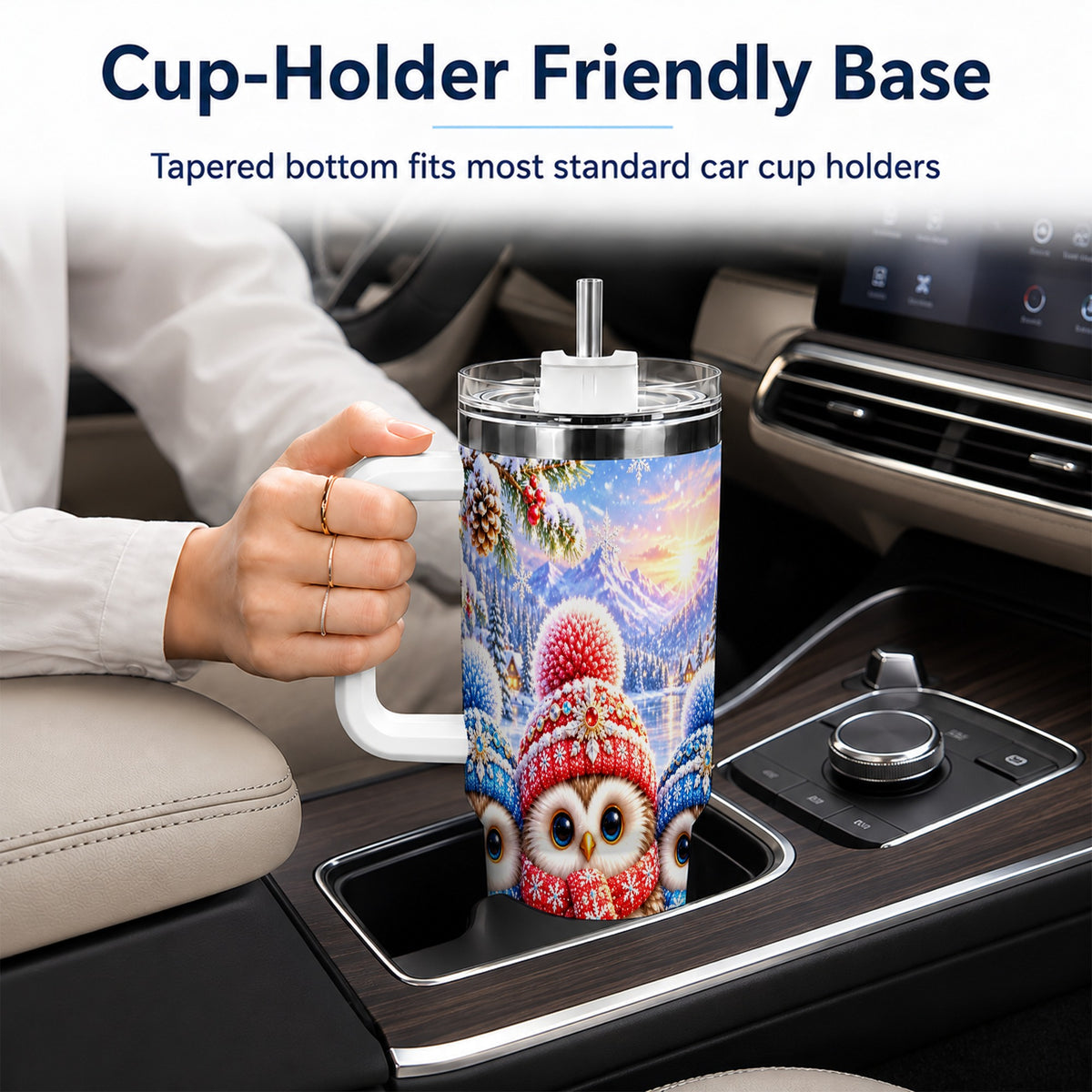 #pl[40oz|White] Winter Owl Trio 40oz Tumbler with Handle, Snowy Stainless Steel Travel Cup