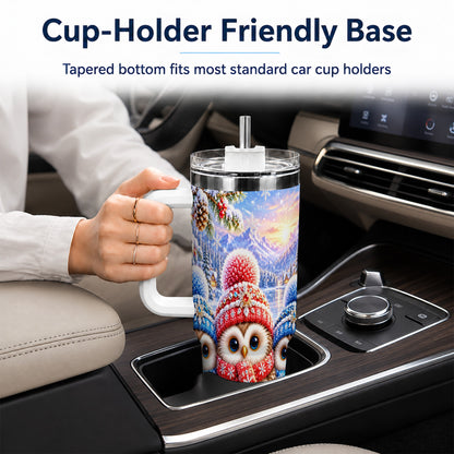 #pl[40oz|White] Winter Owl Trio 40oz Tumbler with Handle, Snowy Stainless Steel Travel Cup