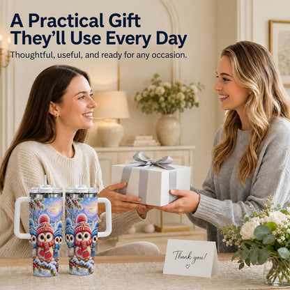 #pl[40oz|White] Winter Owl Trio 40oz Tumbler with Handle, Snowy Stainless Steel Travel Cup