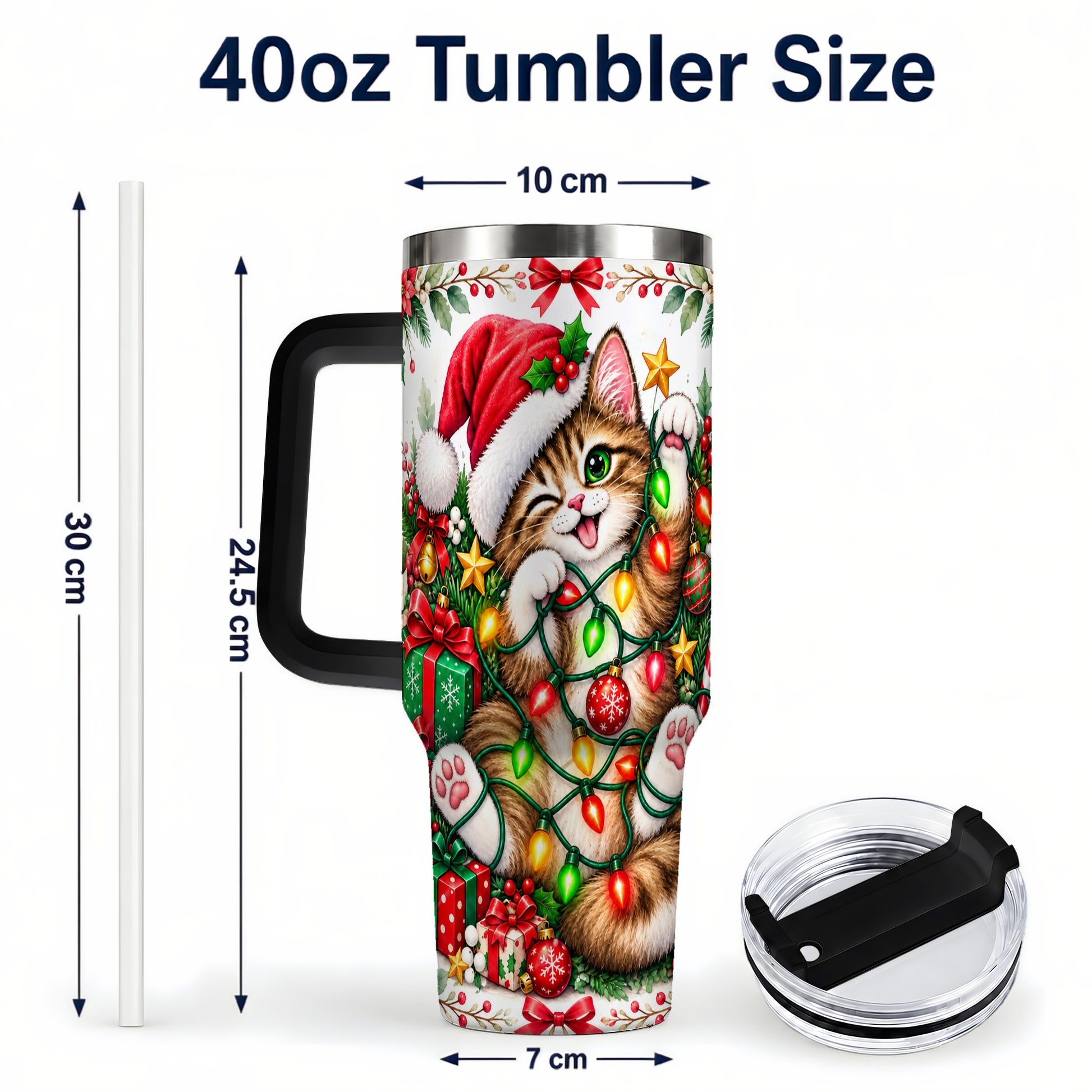 #pl[40oz|Black] Christmas Cat Lights 40oz Tumbler, Kitten Stainless Steel Travel Cup