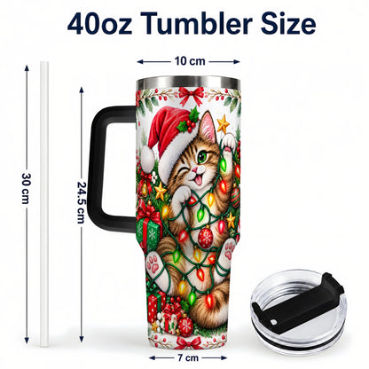 #pl[40oz|Black] Christmas Cat Lights 40oz Tumbler, Kitten Stainless Steel Travel Cup