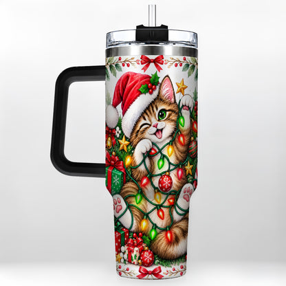 #pl[40oz|Black] Christmas Cat Lights 40oz Tumbler, Kitten Stainless Steel Travel Cup