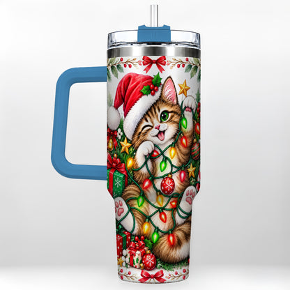 #pl[40oz|Blue] Christmas Cat Lights 40oz Tumbler, Kitten Stainless Steel Travel Cup