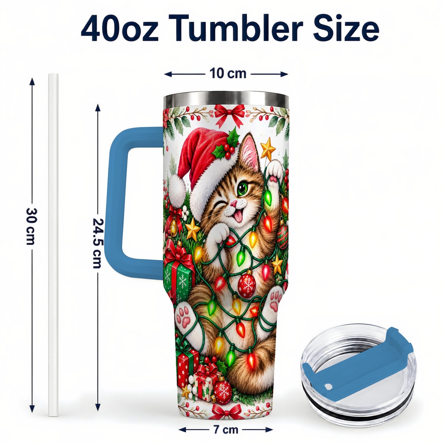 #pl[40oz|Blue] Christmas Cat Lights 40oz Tumbler, Kitten Stainless Steel Travel Cup