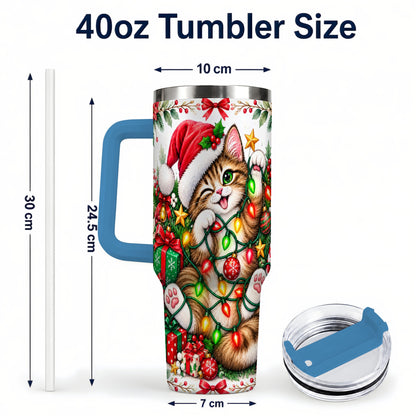 #pl[40oz|Blue] Christmas Cat Lights 40oz Tumbler, Kitten Stainless Steel Travel Cup