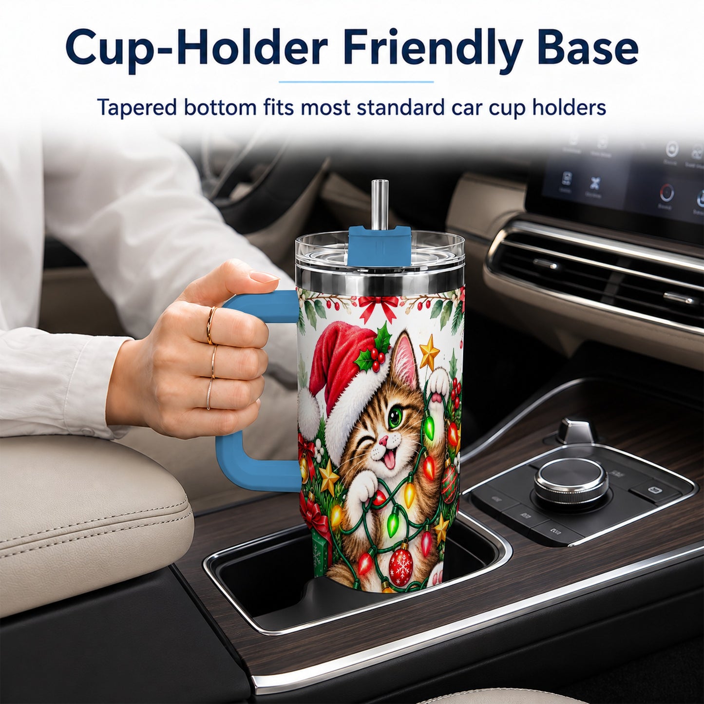 #pl[40oz|Blue] Christmas Cat Lights 40oz Tumbler, Kitten Stainless Steel Travel Cup