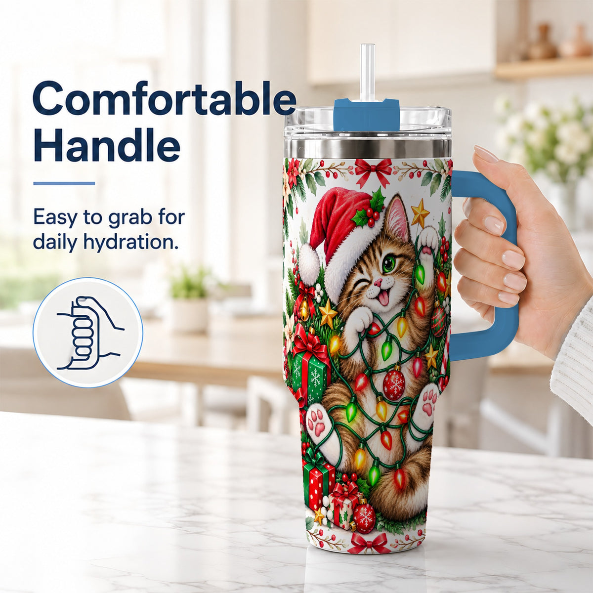 #pl[40oz|Blue] Christmas Cat Lights 40oz Tumbler, Kitten Stainless Steel Travel Cup