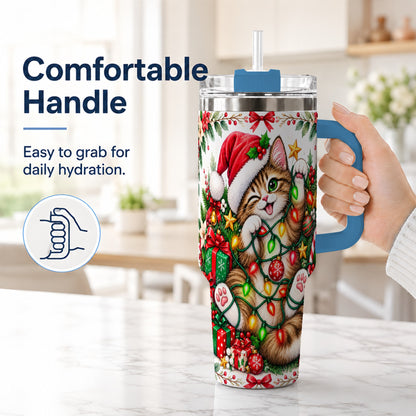 #pl[40oz|Blue] Christmas Cat Lights 40oz Tumbler, Kitten Stainless Steel Travel Cup