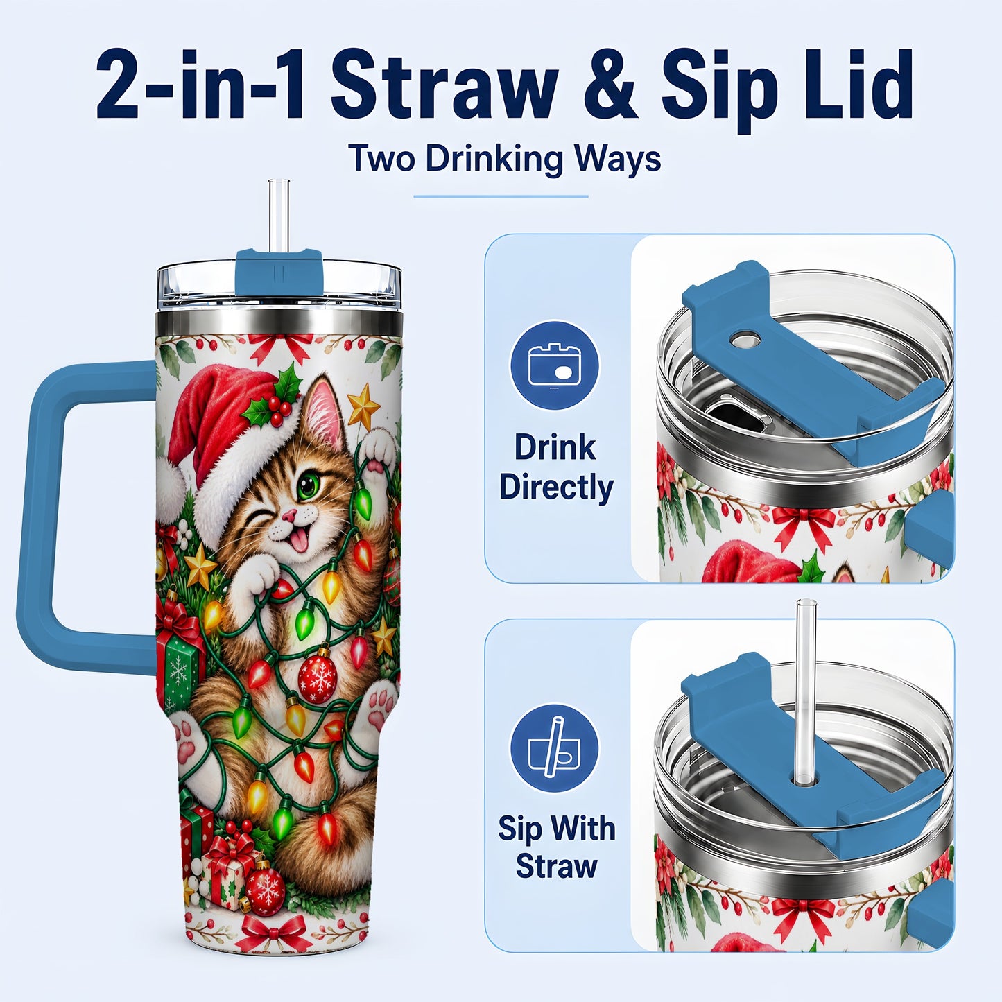 #pl[40oz|Blue] Christmas Cat Lights 40oz Tumbler, Kitten Stainless Steel Travel Cup
