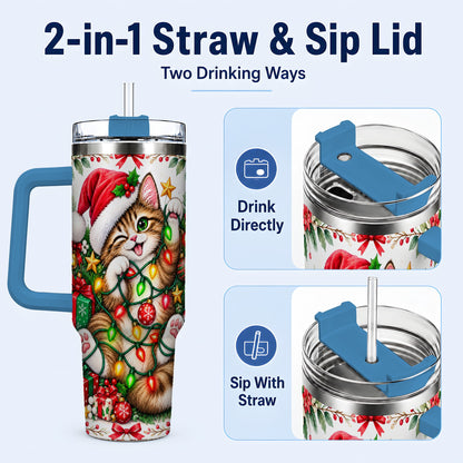 #pl[40oz|Blue] Christmas Cat Lights 40oz Tumbler, Kitten Stainless Steel Travel Cup