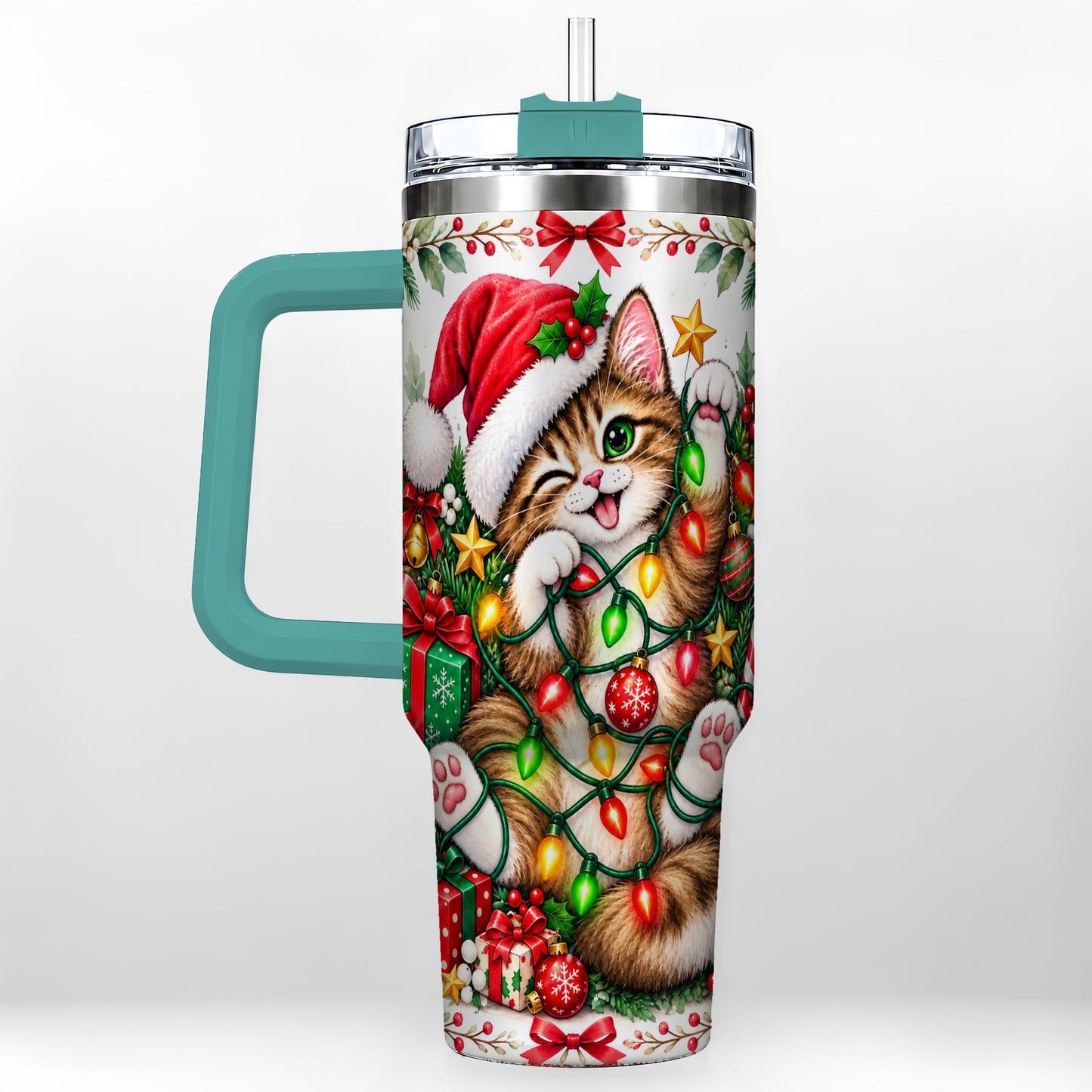 #pl[40oz|Green] Christmas Cat Lights 40oz Tumbler, Kitten Stainless Steel Travel Cup