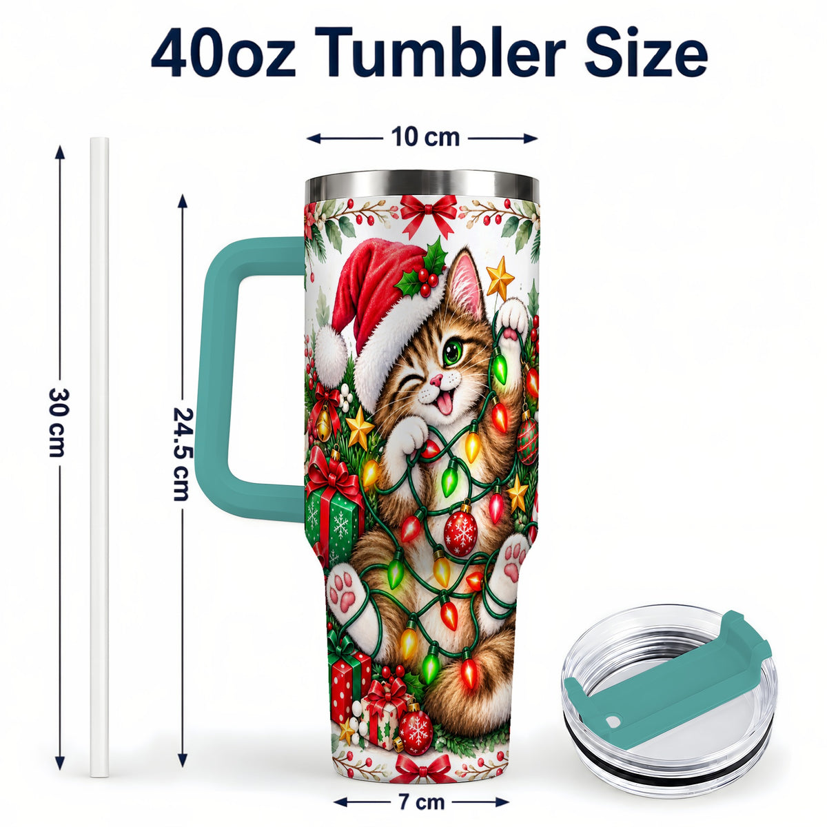 #pl[40oz|Green] Christmas Cat Lights 40oz Tumbler, Kitten Stainless Steel Travel Cup