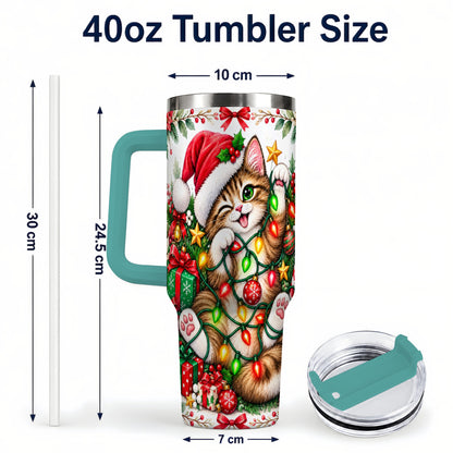 #pl[40oz|Green] Christmas Cat Lights 40oz Tumbler, Kitten Stainless Steel Travel Cup