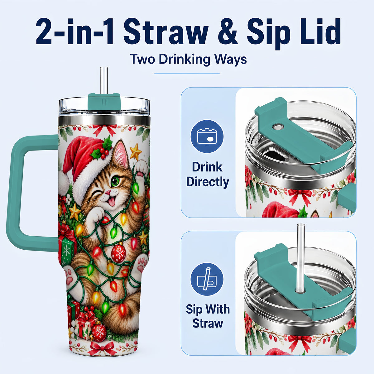 #pl[40oz|Green] Christmas Cat Lights 40oz Tumbler, Kitten Stainless Steel Travel Cup