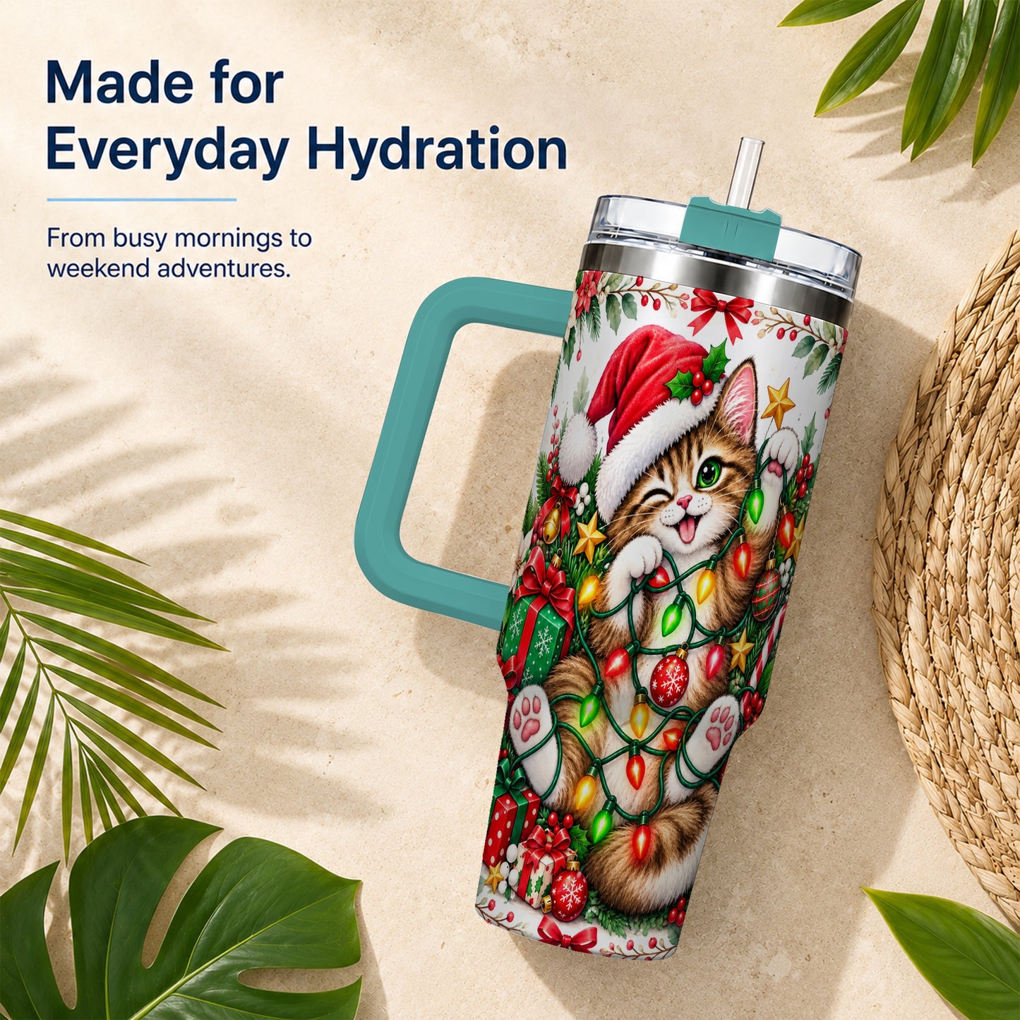 #pl[40oz|Green] Christmas Cat Lights 40oz Tumbler, Kitten Stainless Steel Travel Cup