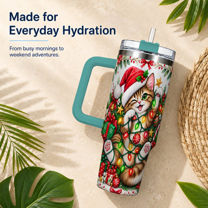 #pl[40oz|Green] Christmas Cat Lights 40oz Tumbler, Kitten Stainless Steel Travel Cup