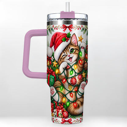 #pl[40oz|Pink] Christmas Cat Lights 40oz Tumbler, Kitten Stainless Steel Travel Cup