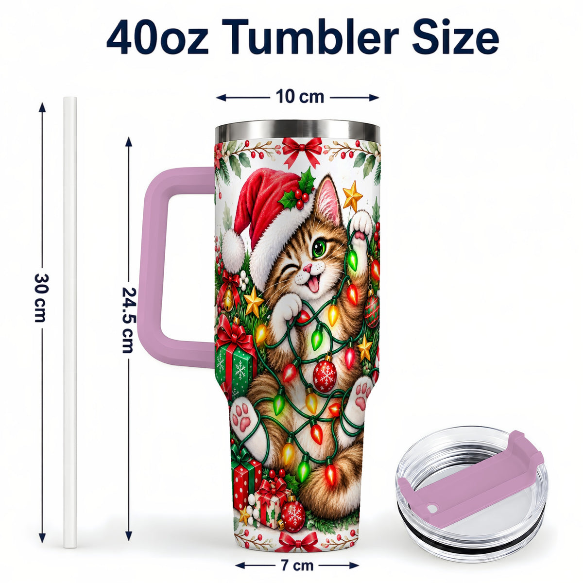 #pl[40oz|Pink] Christmas Cat Lights 40oz Tumbler, Kitten Stainless Steel Travel Cup