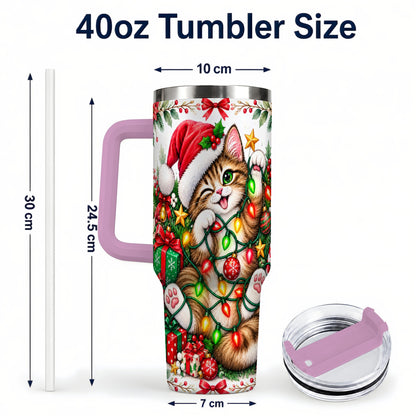 #pl[40oz|Pink] Christmas Cat Lights 40oz Tumbler, Kitten Stainless Steel Travel Cup