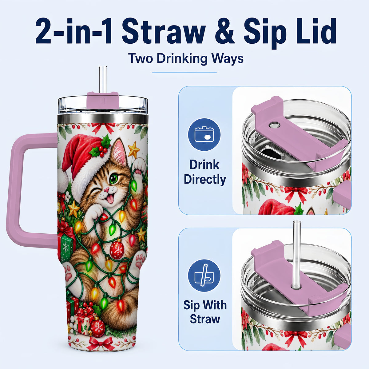 #pl[40oz|Pink] Christmas Cat Lights 40oz Tumbler, Kitten Stainless Steel Travel Cup
