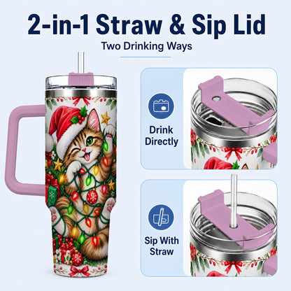 #pl[40oz|Pink] Christmas Cat Lights 40oz Tumbler, Kitten Stainless Steel Travel Cup