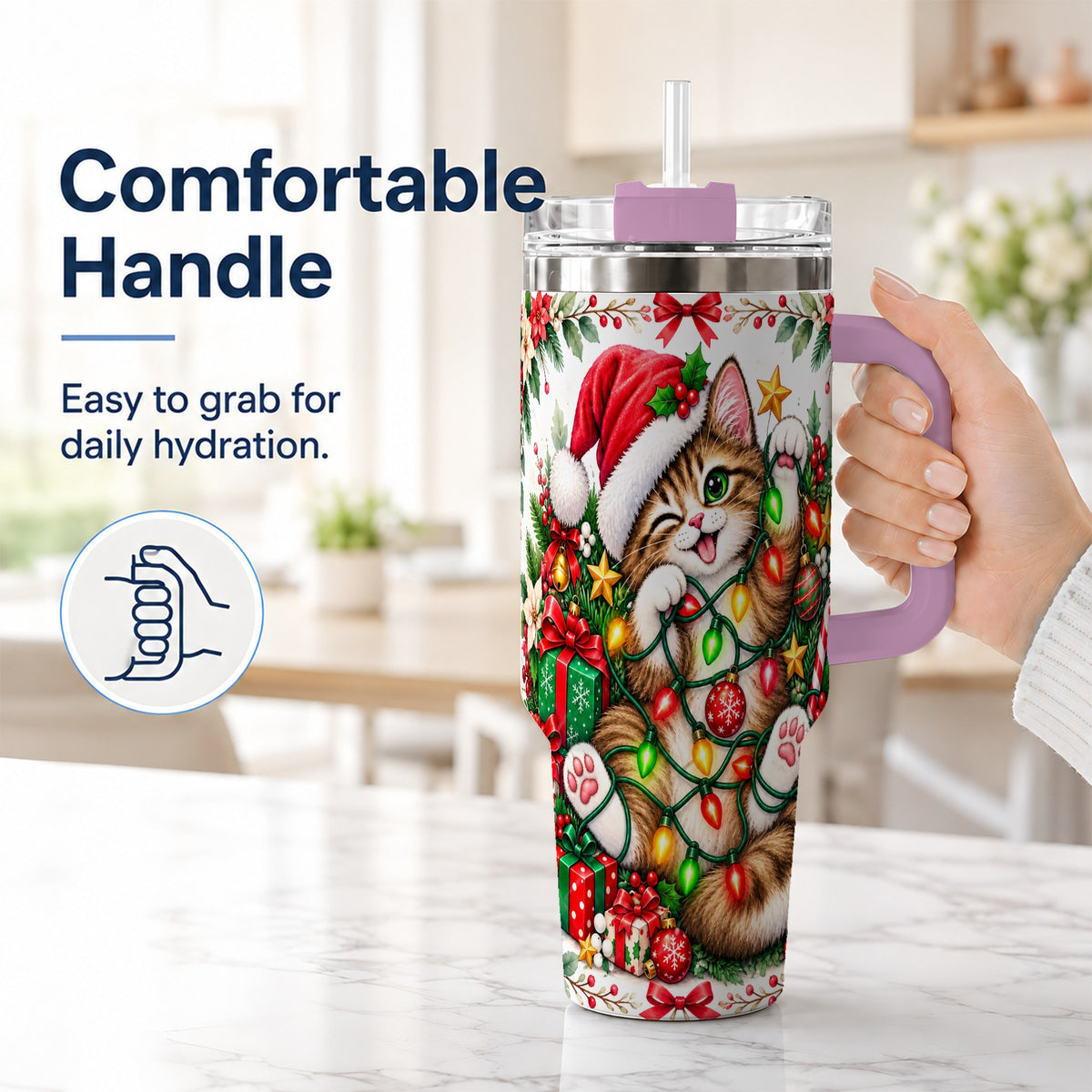 #pl[40oz|Pink] Christmas Cat Lights 40oz Tumbler, Kitten Stainless Steel Travel Cup