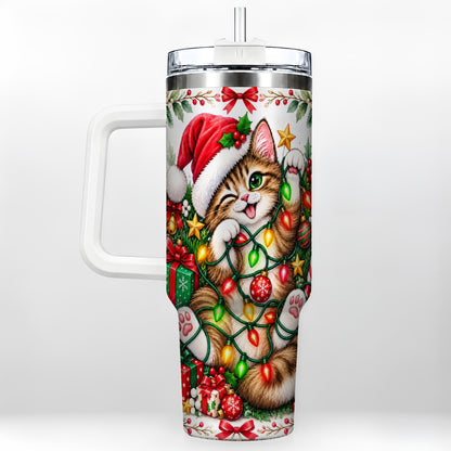 Christmas Cat Lights 40oz Tumbler, Kitten Stainless Steel Travel Cup