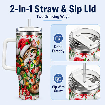 #pl[40oz|White] Christmas Cat Lights 40oz Tumbler, Kitten Stainless Steel Travel Cup