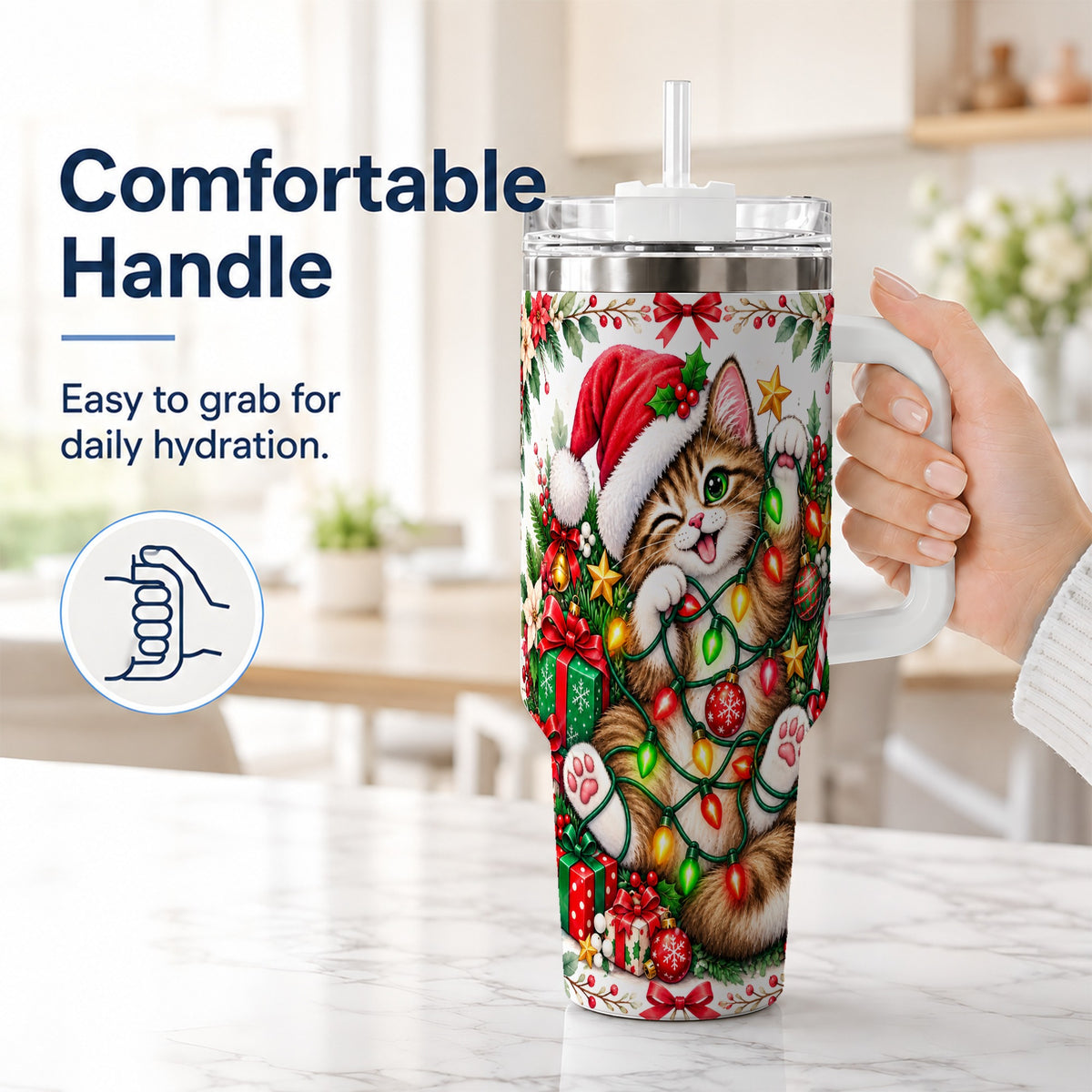 #pl[40oz|White] Christmas Cat Lights 40oz Tumbler, Kitten Stainless Steel Travel Cup