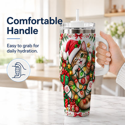 #pl[40oz|White] Christmas Cat Lights 40oz Tumbler, Kitten Stainless Steel Travel Cup