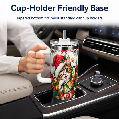#pl[40oz|White] Christmas Cat Lights 40oz Tumbler, Kitten Stainless Steel Travel Cup