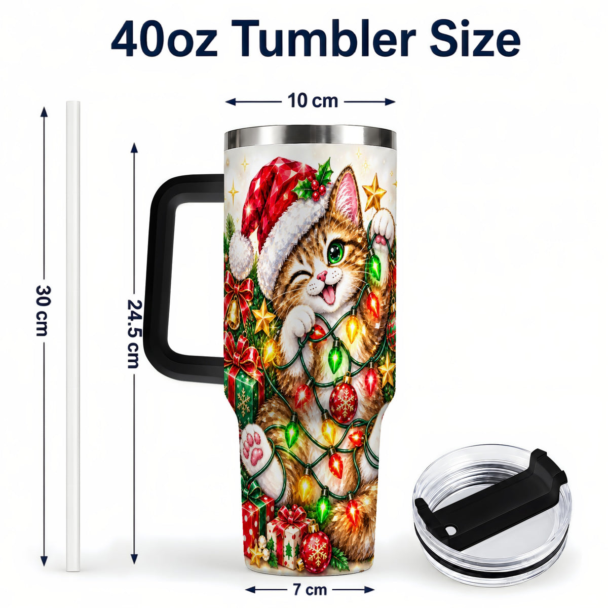 #pl[40oz|Black] Sparkling Cat Lights 40oz Tumbler, Kitten Stainless Steel Travel Cup