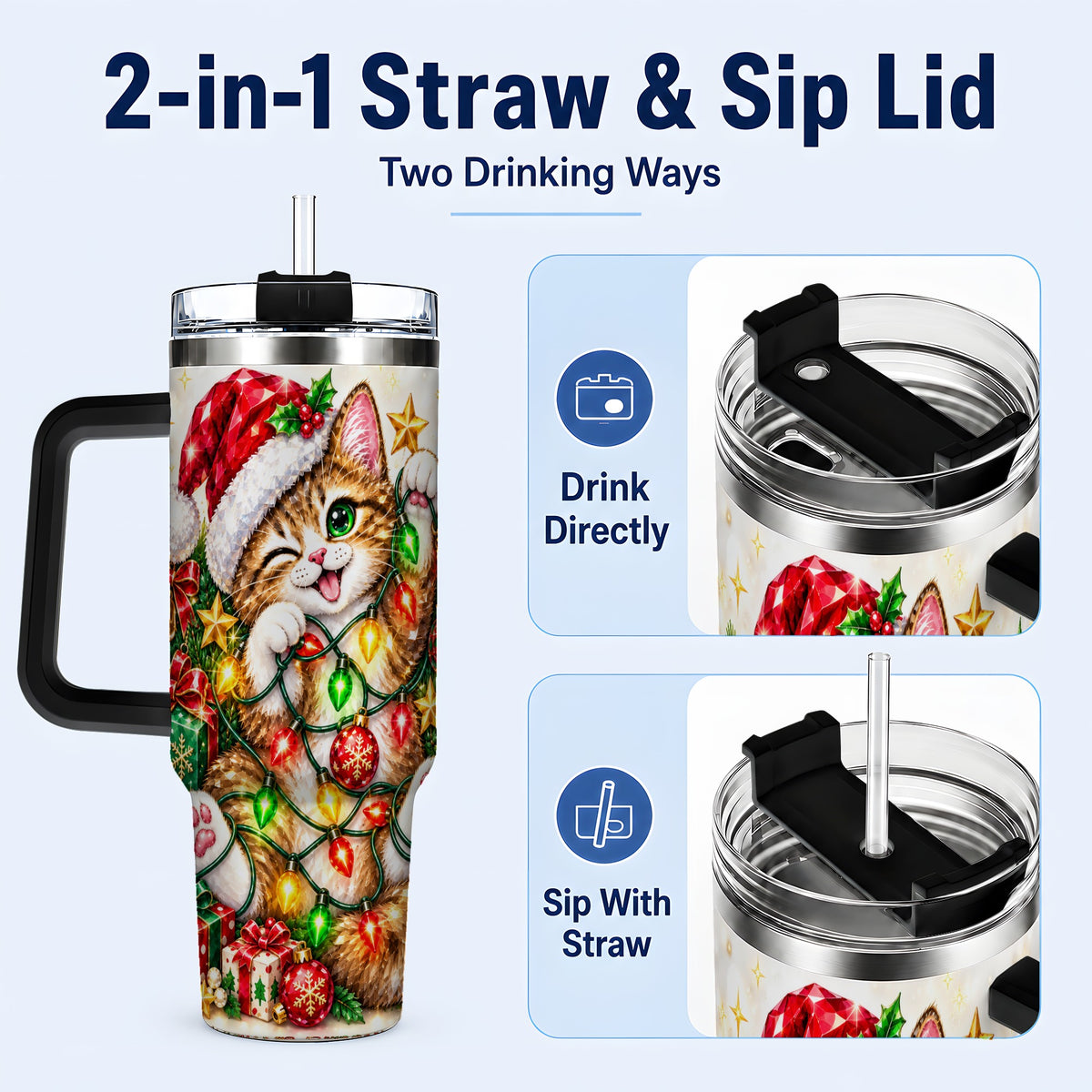 #pl[40oz|Black] Sparkling Cat Lights 40oz Tumbler, Kitten Stainless Steel Travel Cup