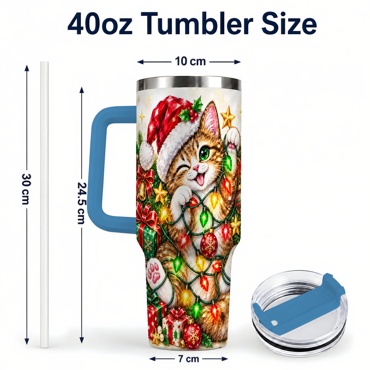 #pl[40oz|Blue] Sparkling Cat Lights 40oz Tumbler, Kitten Stainless Steel Travel Cup