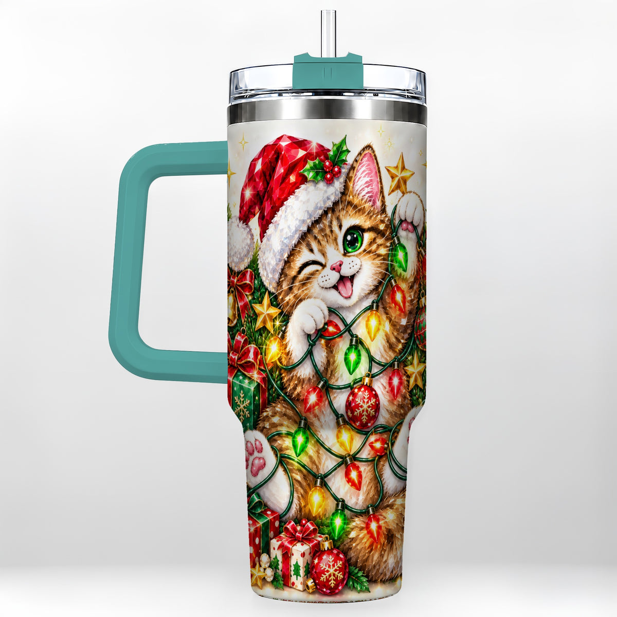 #pl[40oz|Green] Sparkling Cat Lights 40oz Tumbler, Kitten Stainless Steel Travel Cup