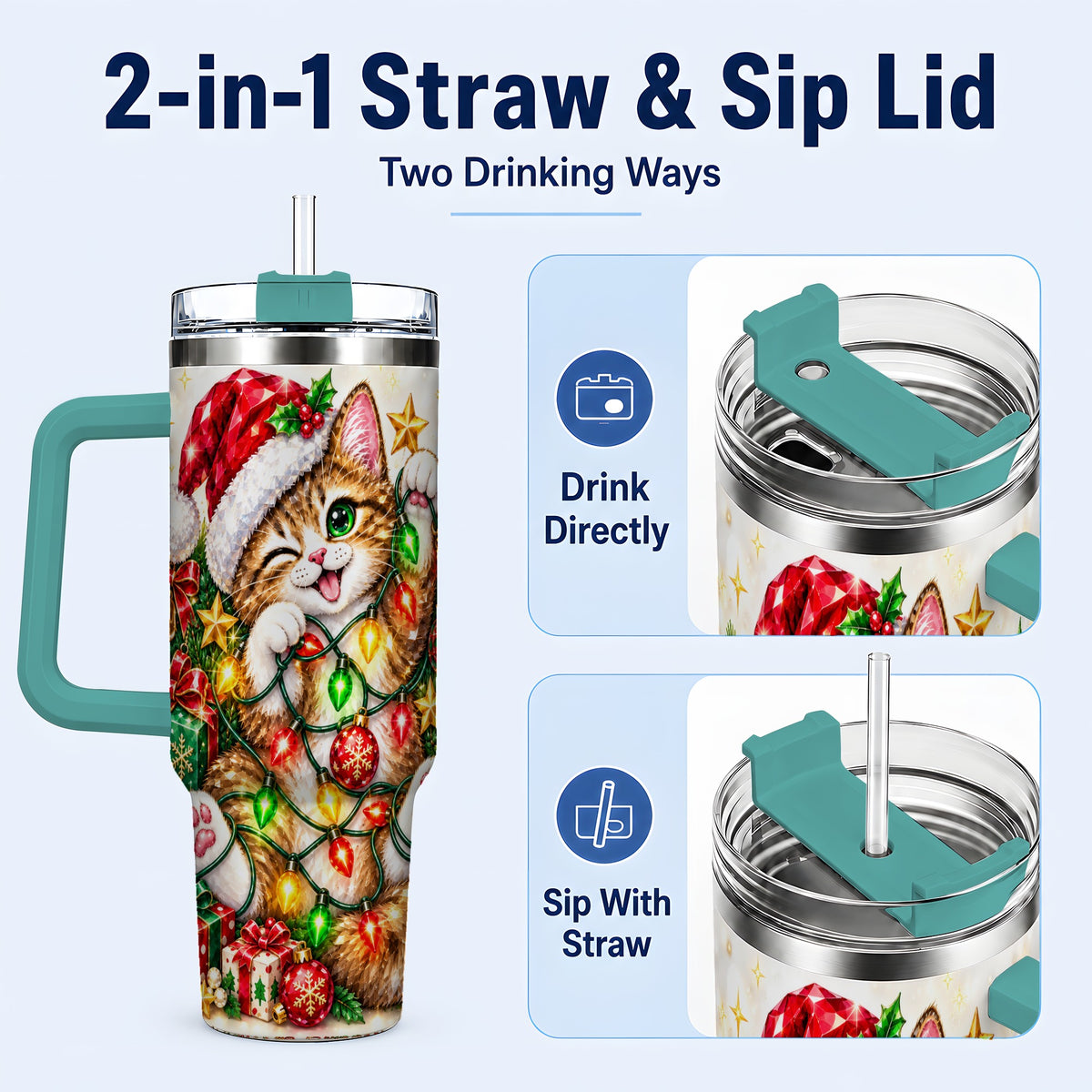 #pl[40oz|Green] Sparkling Cat Lights 40oz Tumbler, Kitten Stainless Steel Travel Cup