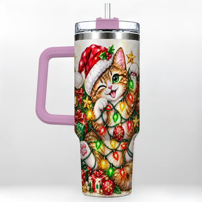 #pl[40oz|Pink] Sparkling Cat Lights 40oz Tumbler, Kitten Stainless Steel Travel Cup