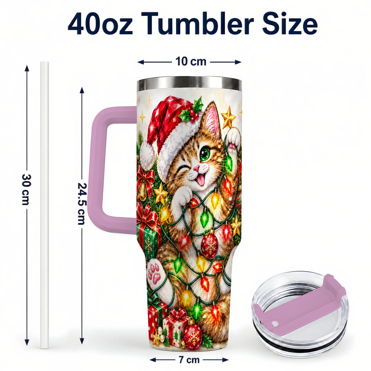 #pl[40oz|Pink] Sparkling Cat Lights 40oz Tumbler, Kitten Stainless Steel Travel Cup