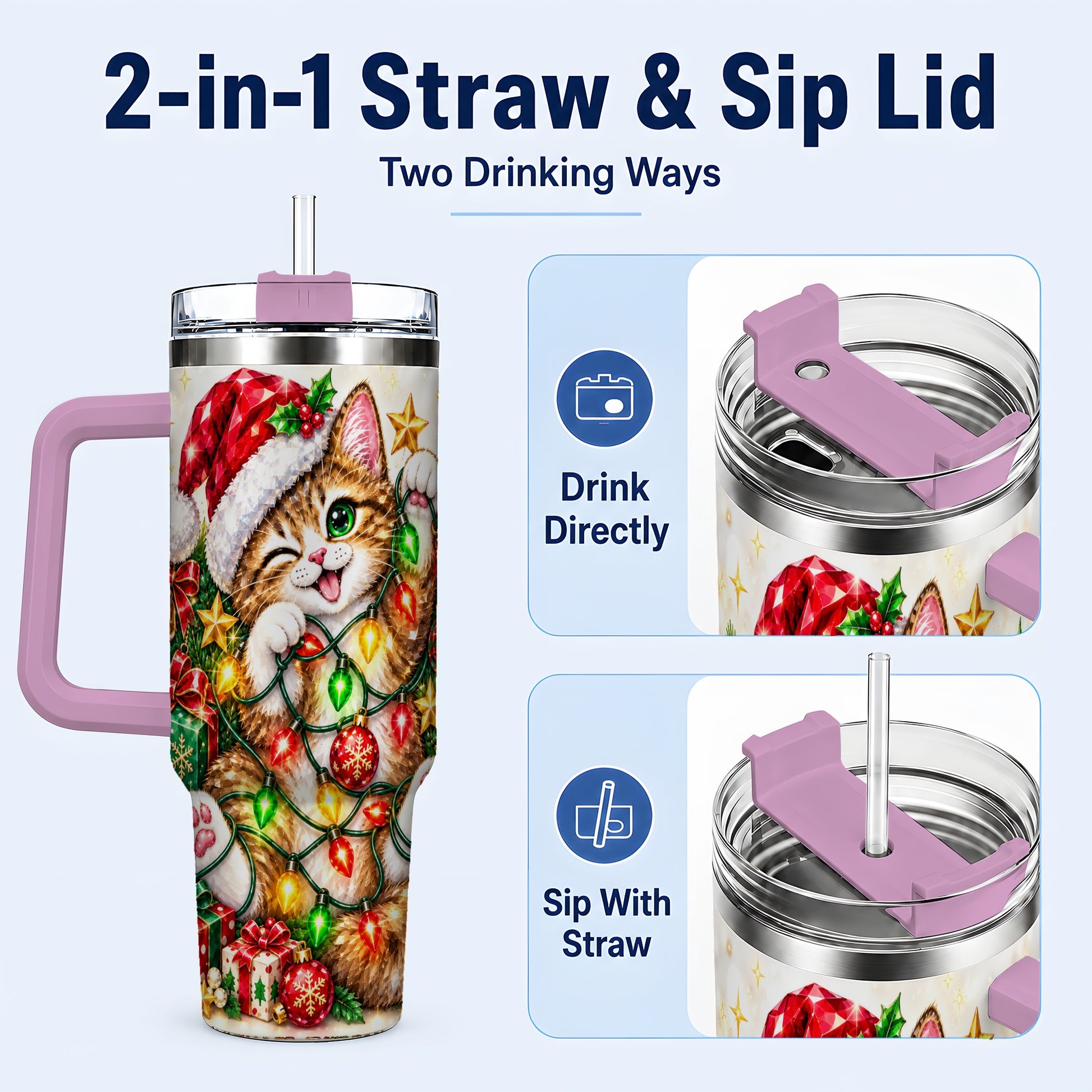 #pl[40oz|Pink] Sparkling Cat Lights 40oz Tumbler, Kitten Stainless Steel Travel Cup