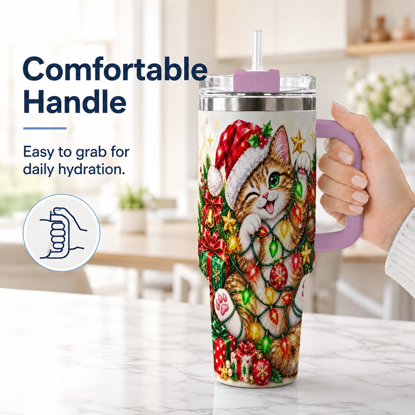 #pl[40oz|Pink] Sparkling Cat Lights 40oz Tumbler, Kitten Stainless Steel Travel Cup
