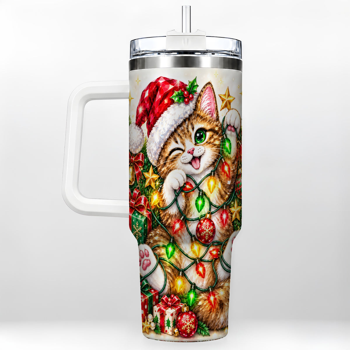 Sparkling Cat Lights 40oz Tumbler, Kitten Stainless Steel Travel Cup