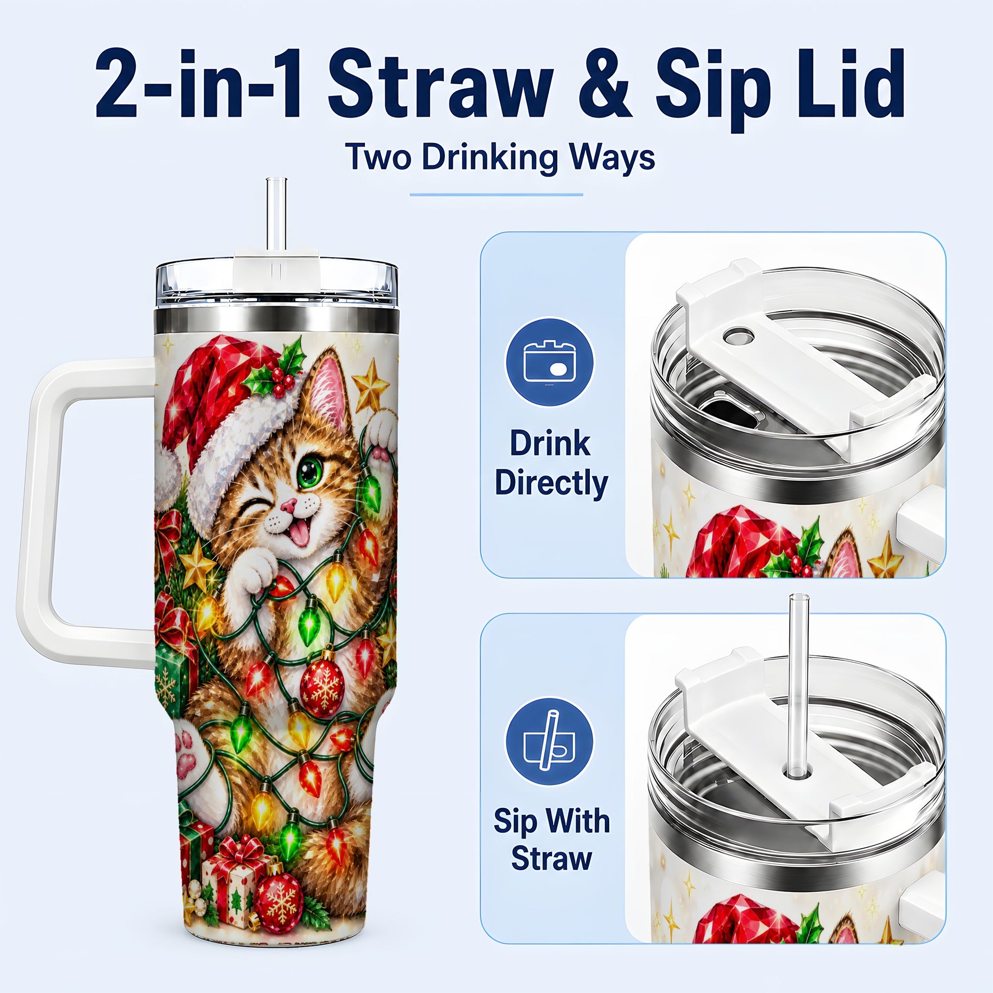 #pl[40oz|White] Sparkling Cat Lights 40oz Tumbler, Kitten Stainless Steel Travel Cup