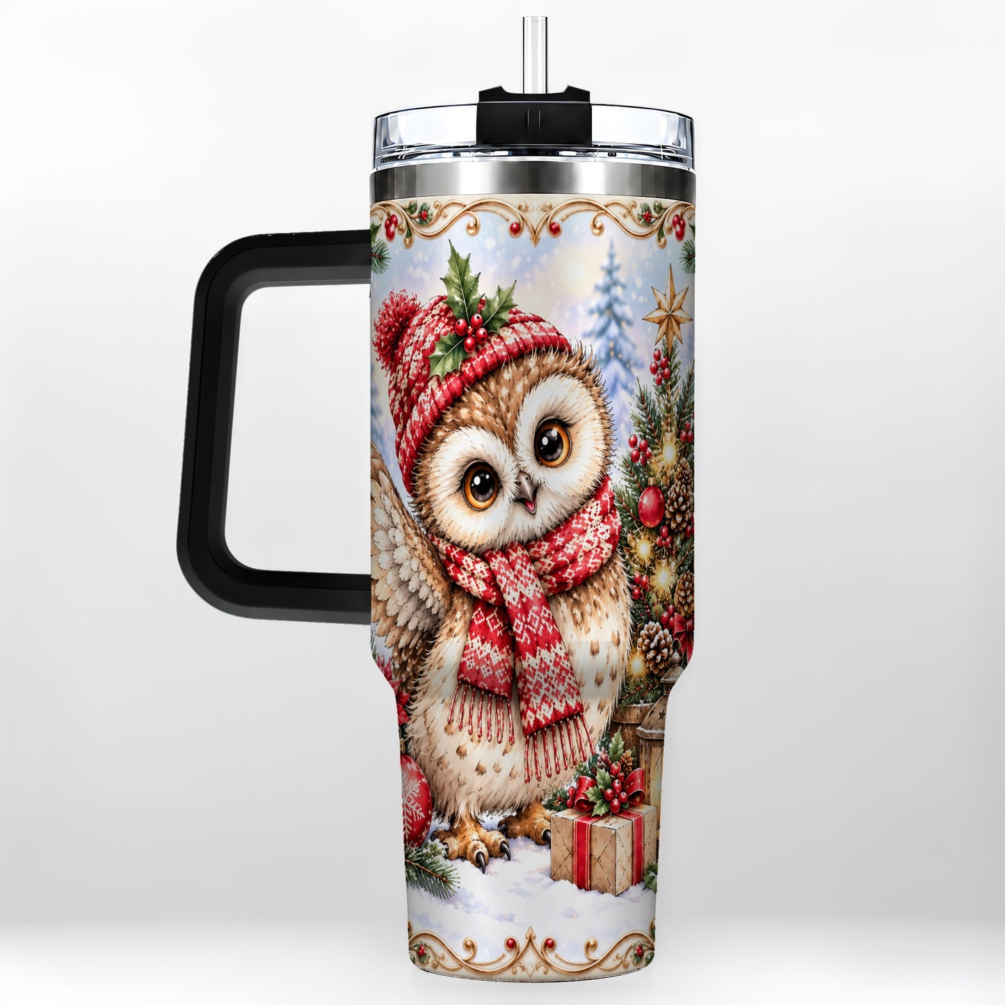 #pl[40oz|Black] Christmas Owl 40oz Tumbler, Winter Owl Stainless Steel Travel Cup