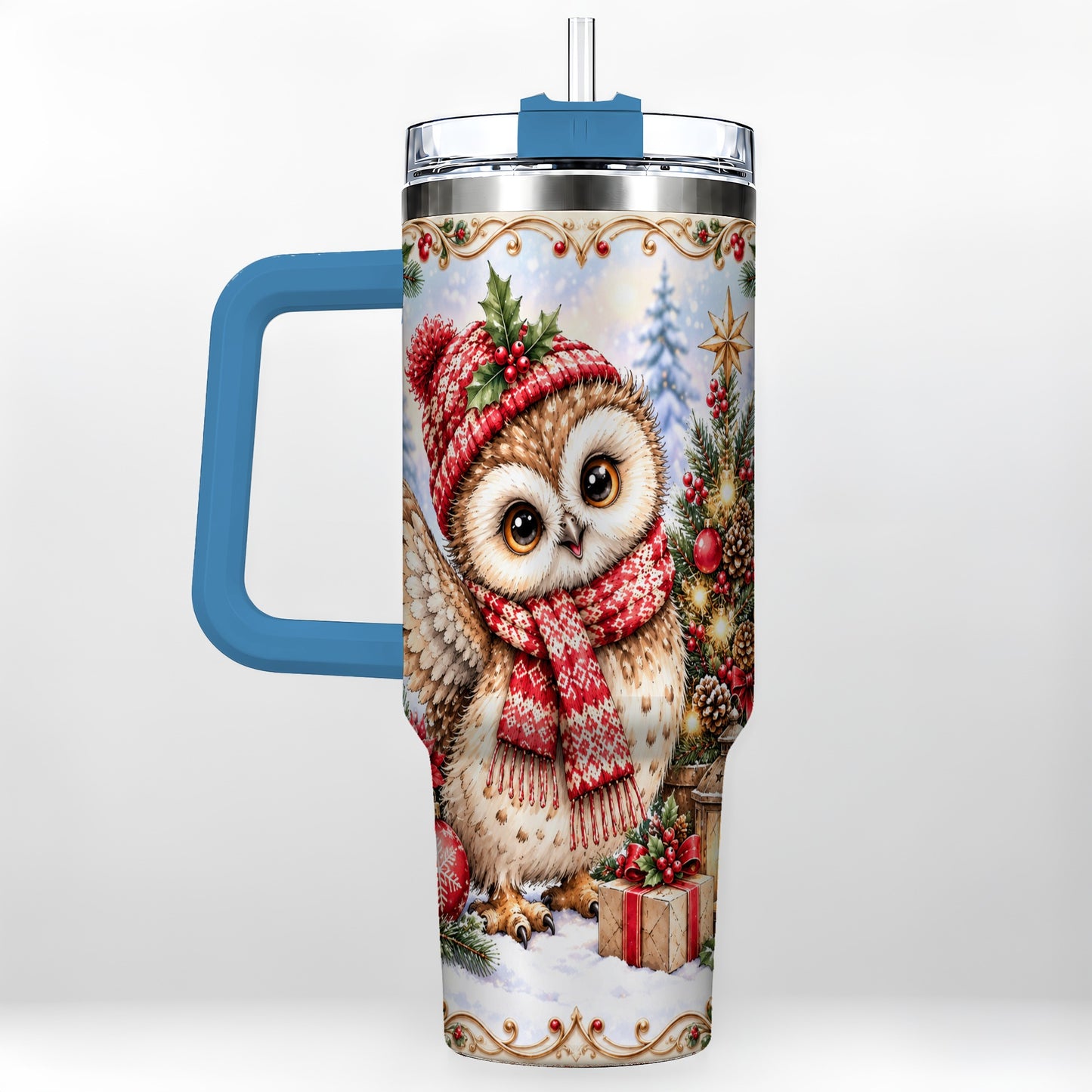 #pl[40oz|Blue] Christmas Owl 40oz Tumbler, Winter Owl Stainless Steel Travel Cup