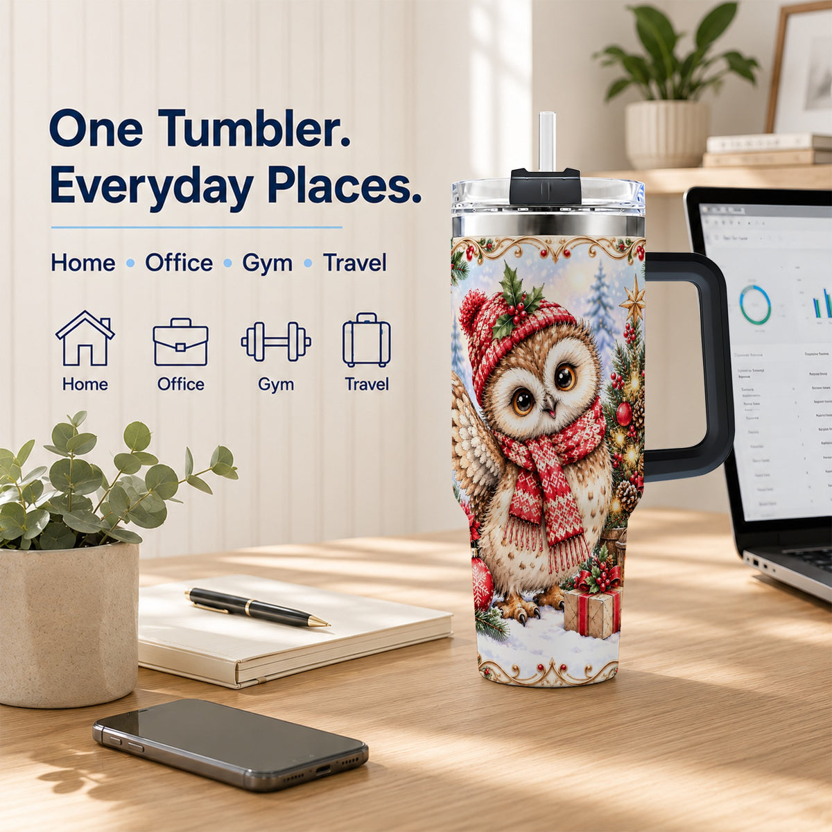 #pl[40oz|Black] Christmas Owl 40oz Tumbler, Winter Owl Stainless Steel Travel Cup