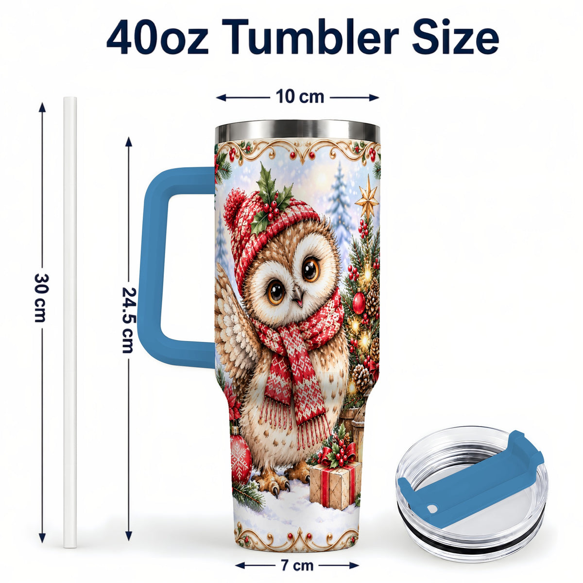 #pl[40oz|Blue] Christmas Owl 40oz Tumbler, Winter Owl Stainless Steel Travel Cup